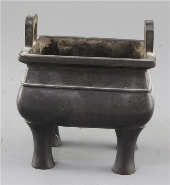 A Chinese bronze fang ding censer, Qing dynasty, height 13.5cm width 12.5cm
